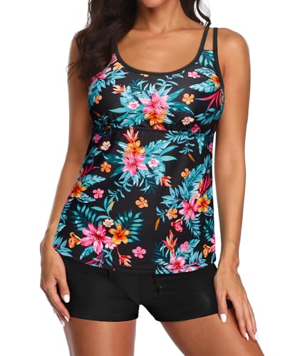 Image of Tempt Me Two Piece Tankini Swimsuits for Women Tummy Control Bathing Suit with Shorts Athletic Two Side Pockets Swimwear