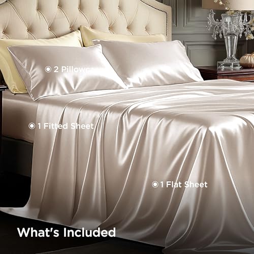 Image of Bedsure Beige Satin Sheets Queen Size, Soft Silky Bedsheet for Hair & Skin