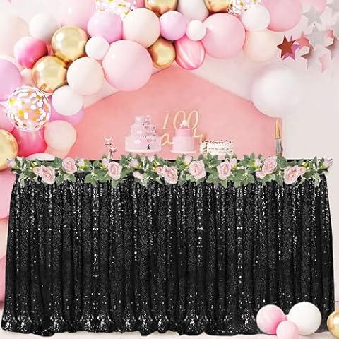 PATYDEST Sequin Table Skirts for Rectangle Tables 9FT Black Table Skirting Glitter Sequin Ruffle Table Skirt Sparkle Fabric Table Cover Skirt for Baby Shower Birthday Party Halloween Table Decorations Cover