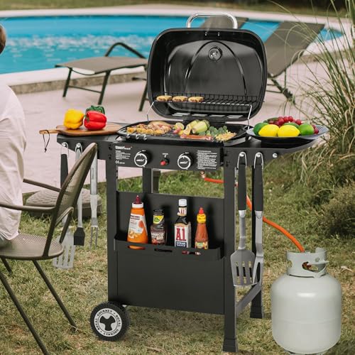 Royal Gourmet 2-Brenner Gasgrill und Griddle Combo, 2 IN 1 Grillwagen mit abklappbare Seitenablagen, Ablagekorb, 5 kW Campinggrill für Garten Schwarz