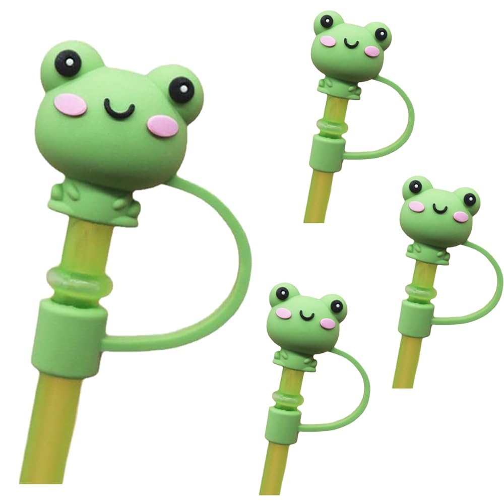 Calsgkspray Cute Frog Straw Tips Cover,Silicone Animals Straw Cover,Cartoon Straw Topper,Reusable Drinking Straw Cover,Dust Proof Straw Plugs For 6-8...