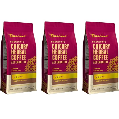 Teeccino Mocha Chicory Coffee Alternative - 11 Ounce - Ground Herbal Coffee That’s Prebiotic, Caffeine-Free & Acid Free, Medium Roast, (Pack of 3)