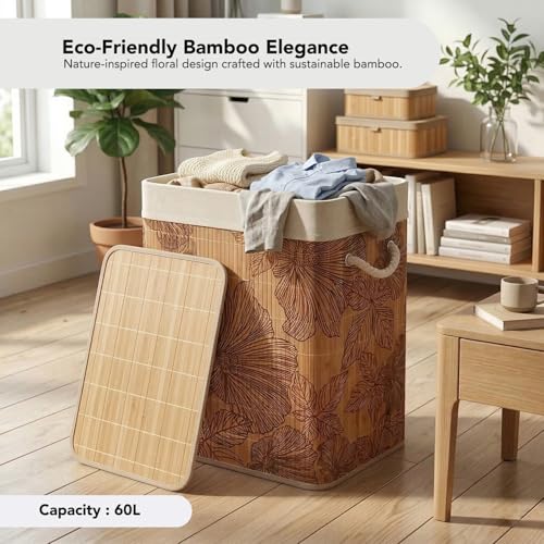 Image of Kura by Ekhasa Floral Laundry Basket with Lid 60L, Bamboo Laundry Basket for Clothes, Foldable Laundry Hamper Basket with Removable Laundry Bag for Bedroom Bathroom Clothes Storage