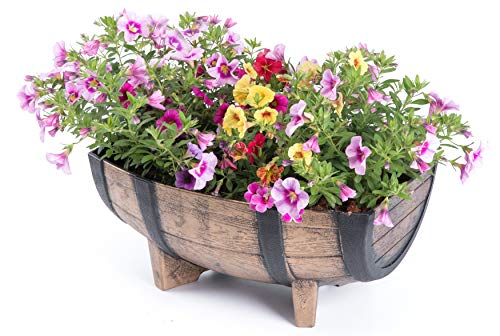 Rustic Wood- Look Plastic Half Barrel Flower Pot Garden Planter, Pack Of 2 #TOP1