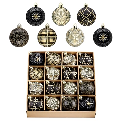 Valery Madelyn Weihnachtsschmuck für Weihnachtsbäume - 16er Set in Schwarz und Gold - bruchsichere Luxus Hängekugeln 6cm für Weihnachts… – Ansicht 1