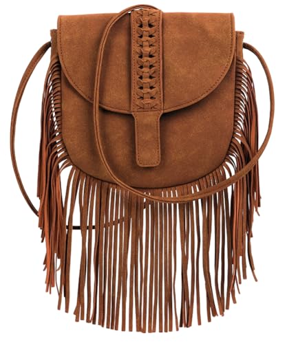 Suede Crossbody Shoulder Bag for Women Soft Small Tote Purse Trendy Faux Leather Satchel Travel Handbag with Tassels