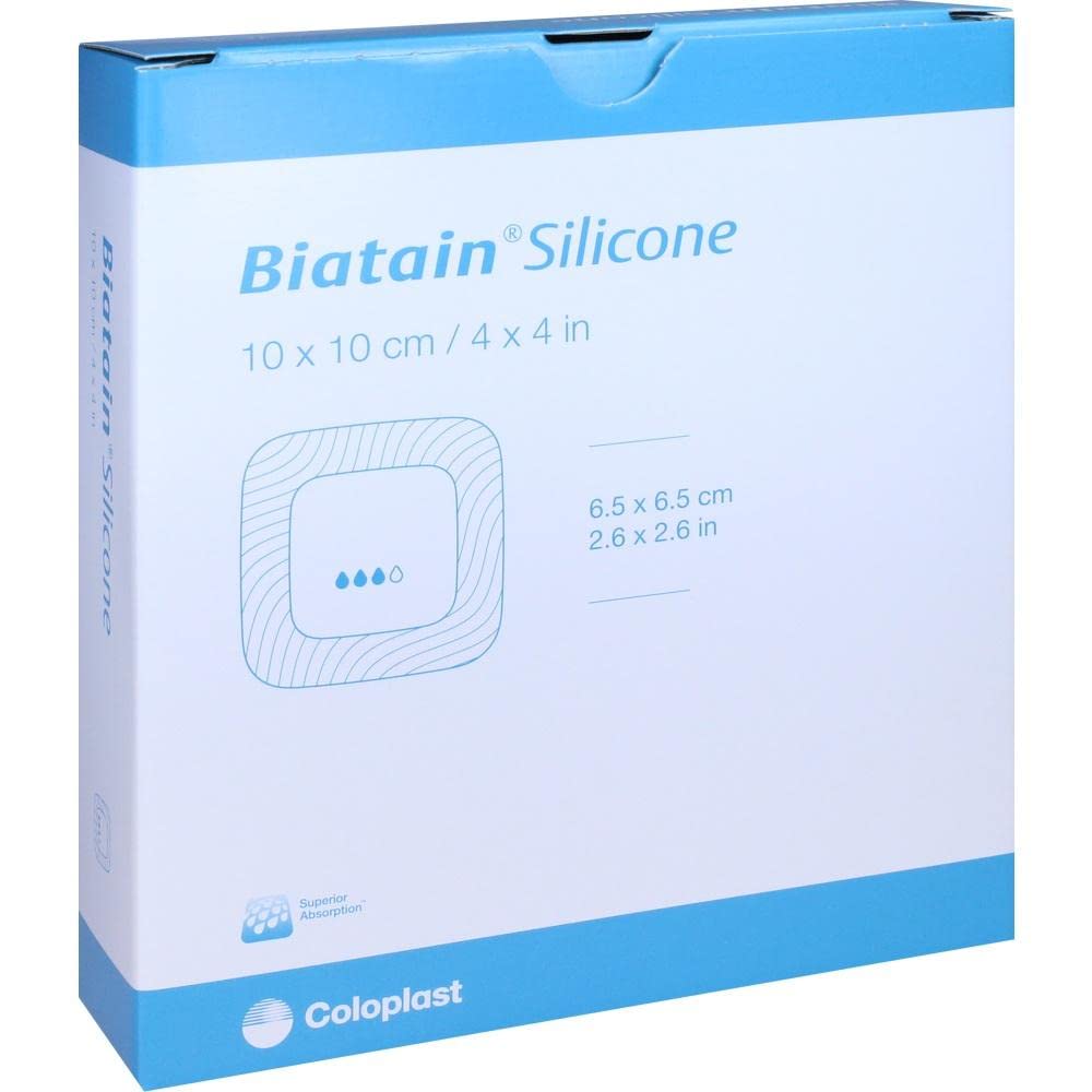 Coloplast Biatain Silicone Medicazione Schiuma Poliuretano con Bordo in Silicone, 10x10 cm, Elevata Assorbenza per Piaghe e Lesioni, Confezione da 10 Pezzi, Codice 33435