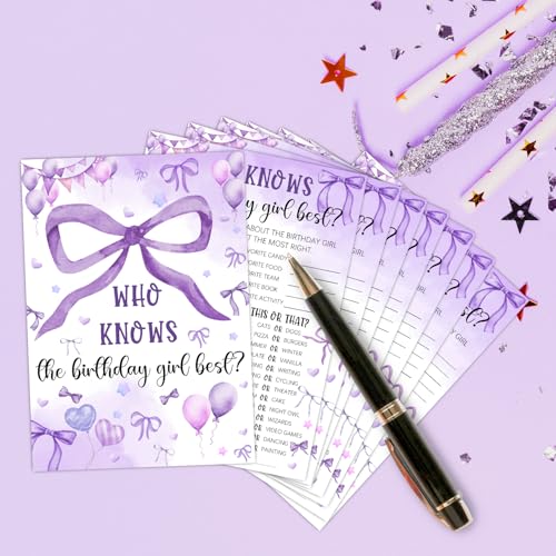 Image of Who Knows The Birthday Best - Purple Party Games Card Set - Purple Bow Themed Sleepover Slumber Party Supplies - Birthday Night Games Creative Idea - 20 Game Cards