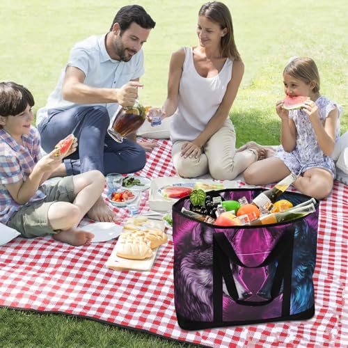 Wolf Eye Blue Purple Large Insulated Tote Bag for Grocery Shopping Reusable Tote Bags for Women Men, Cooler Bag with Zippered Top & Handles for Beach Picnic Travel3