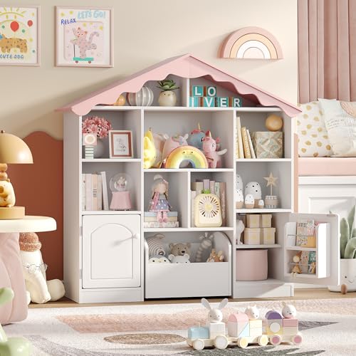 Vabches 42.9 House-Shaped Kids Bookshelf with Pink Wavy Roof Toy Storage Organizer with Movable Drawer and 9 Storage Cubbies Multifunctional Storage Cabinet Toy Shelf for Bedroom Nursery Playroom