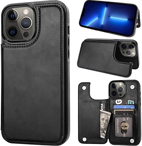 Cardpakee for iPhone 13 Pro Max Wallet Case with Card Holder, Faux Leather Kickstand Card Slots Case, Handmade RFID Blocking Magnetic Shockproof Protective Slim Back Flip Phone Case 2021 6.7" Black