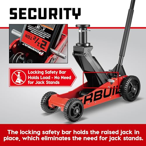 Image of Powerbuilt 2.5 Ton Big Wheel Off Road Jack, Vehicle Lift for Trucks, SUVs, ATVs Offroad Vehicles, Oversized Wheels for Rugged Terrain, 5000 LB Capacity, Orange 620703ECE