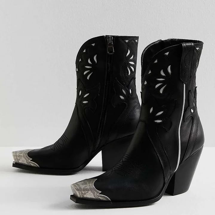 keleimusi Women's Cut-Out Floral Embroidery Cowgirl Boots Stacked Heel Cowboy Booties Steel Toe Short Cowboy Boots Side Zipper Western Booties for Women3