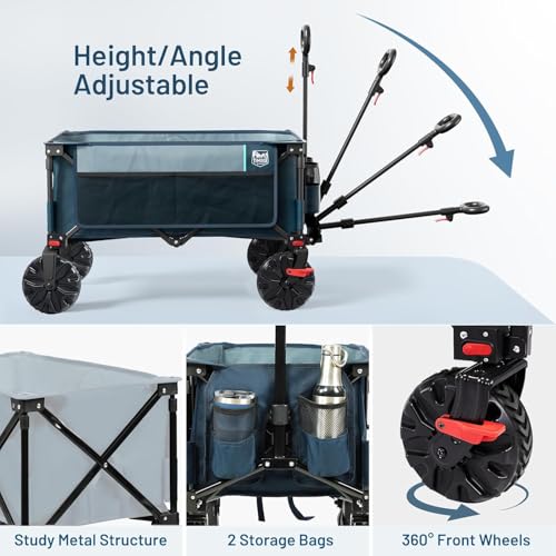 Image of Timber Ridge Collapsible Wagon with Brakes Utility Folding Cart Heavy Duty All Terrain Wheels for Outdoor Shopping Camping Sports Garden with Side Bag and Cup Holders, Blue
