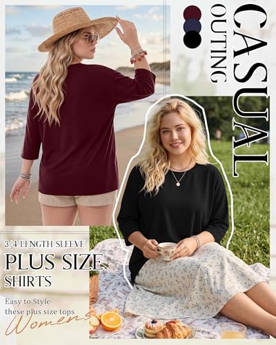 Image of Locoowai 3 Pack Women Plus Size Tops 3 /4 Sleeve Cotton Crew Neck Oversized T Shirts Loose Fit Tee Tunic Casual Blouse