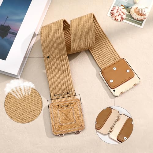JASGOOD Straw Woven Elastic Belts for Women,Rattan Wide Stretch Belt for Dress Boho Wear Ladies Raffia Braided Square Belt3