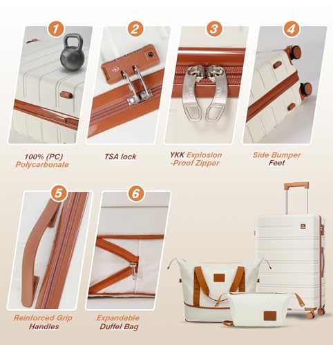 Carry on Luggage Set, 20 Inch Suitcase with 100% PC hardshell, Lightweight TSA Locks Quiet Spinner Wheels Durable Zipper, Travel Luggage for Men and Women, Y01 Beige(20"/DB/TB) Slightly Small3