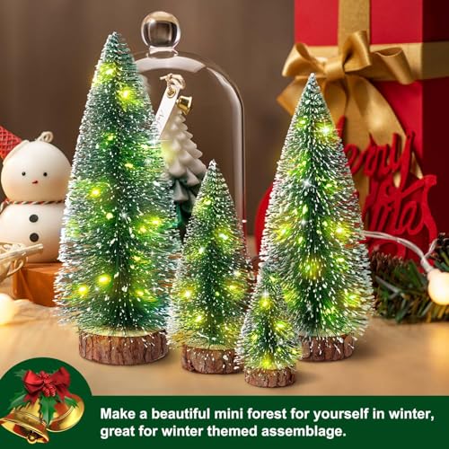 Hatisan 4pcs Mini Christmas Trees with Light, Artificial Christmas Tree Bottle Brush Trees with Wooden Base for Christmas Decor Party Home Table Holiday - Image 3