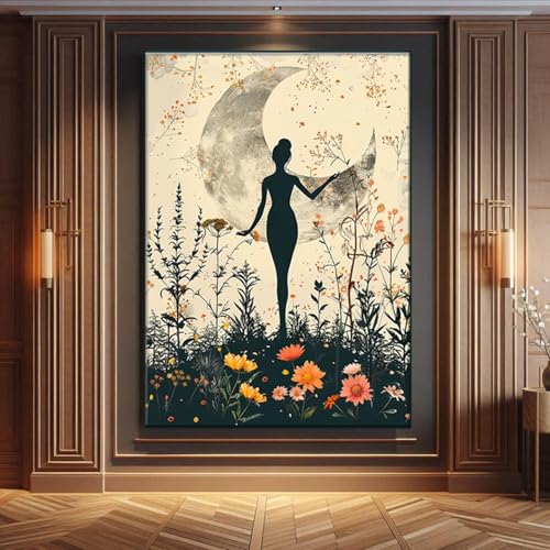 Tableau lune et fleurs sauvages toile anti-stress pour mur salon