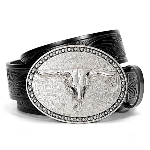 Image of SANSTHS Genuine Leather Cowboy Belts for Men Western Belt Buckle for Jeans | 1.5 inch Embossed Belt, Texas Longhorns Belt Buckle, Classic Western Style, for Cowboy, Cowgirl, Rodeos, Costume Party, Gifts