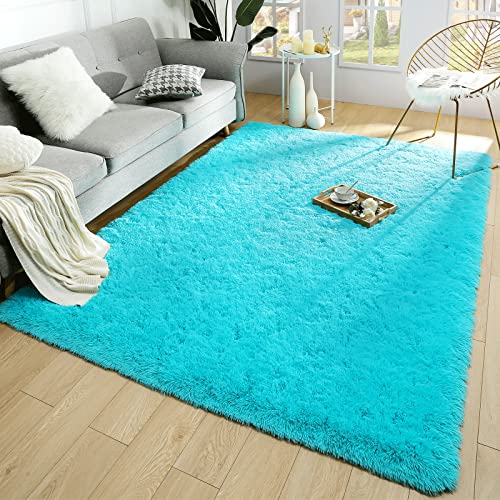 Merelax Soft Modern Indoor Large Shaggy Rug For Bedroom Livingroom Dorm Kids Room Home Decorative, Non-Slip Plush Fluffy Furry Fur Area Rugs Comfy Nursery Accent Floor Carpet 5X8 Feet, Teal Blue #TOP15