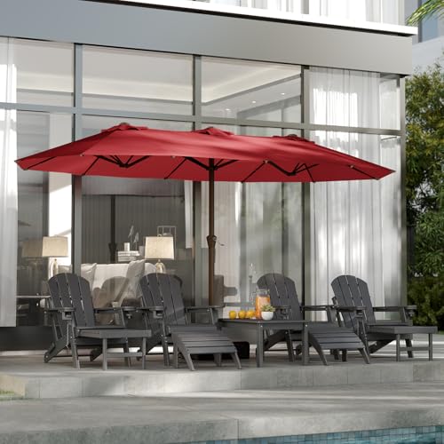 GREENVINES 15FT-Double-Sided-Patio-Umbrella-with-Base | Fiberglass Ribs | Large Outdoor Market Umbrellas | w/Crank Handle | Heavy Duty | for Poolside