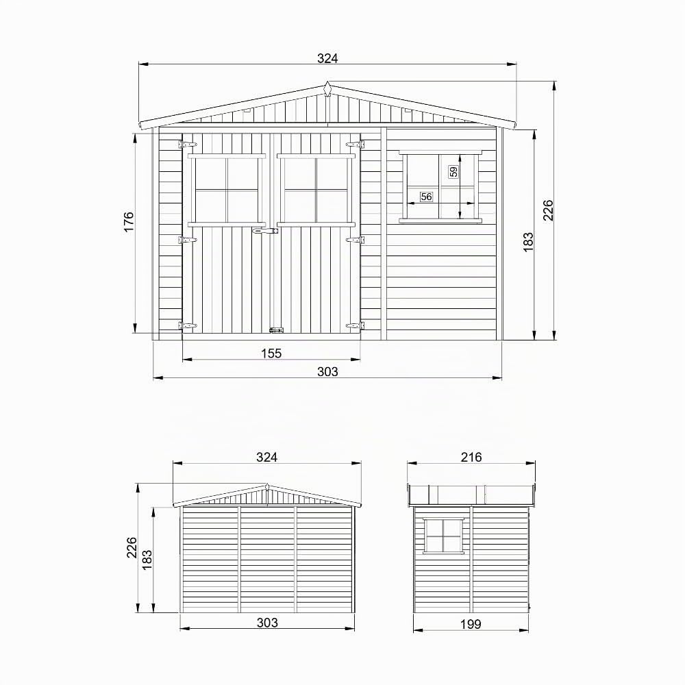Casa da giardino in legno naturale CON PAVIMENTO IMPREGNATO A226x216x324 cm/6 m²- Magazzino esterno con finestre - Capanno da giardino - Bici, Deposito attrezzi e rimessa TIMBELA M334+M334G