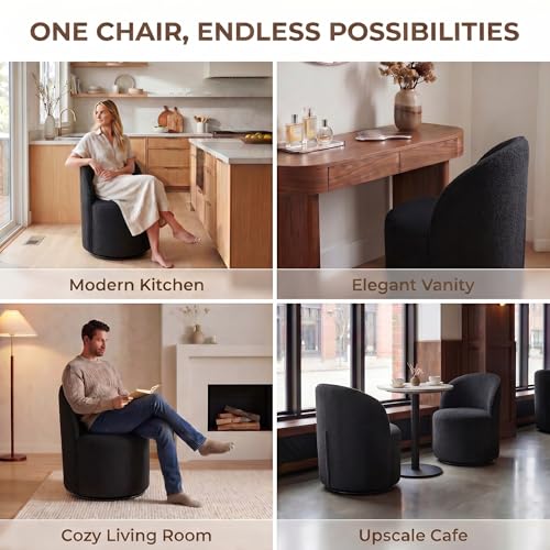 Image of HNY Upholstered Swivel Dining Chairs Set of 3, Mid Century Modern Kitchen Round Sherpa Boucle Dining Room Chairs, Barrel Comfy Armless Accent Makeup Vanity Side Chairs for Living Room, Black