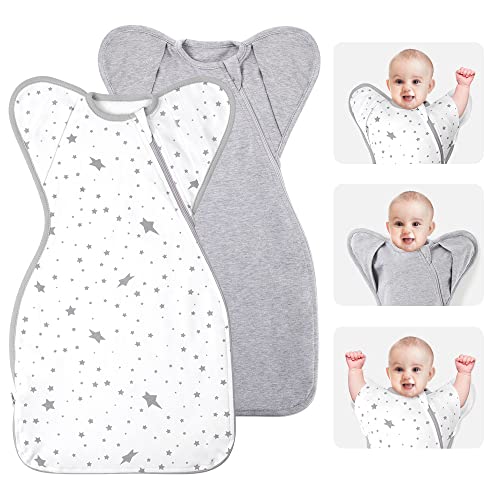 Image of Knirose Swaddle Blanket Sleep Sack with Arms Up Design Help Baby Self-Soothing 2 Packs, 3-Way Transitions to Arms-Free Wearable Sleeping Bag for Newborn Baby Snug Fit Calms Startle Reflex Better Sleep