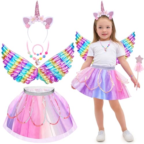 Tacobear Einhorn Kostüm für Mädchen: Einhorn-Prinzessin Set mit Tüllrock, Einhornflügel, Haarreif, Halskette, Armband & Zauberstab für...