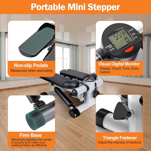Image of Portable 2-in-1 Mini Stepper Machine with Adjustable Resistance Bands, LCD Monitor,Legs, Thighs, Waist,Tone Your Buttocks, Cardio Exercise and 2 Bungee Cords for Home /Gym Workouts for All.