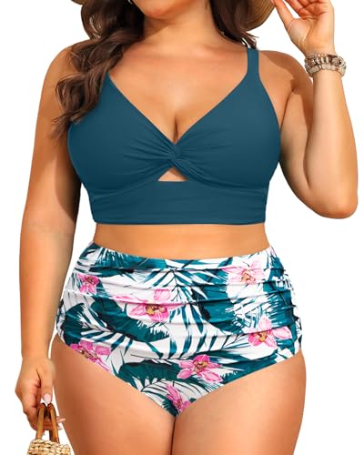 Image of Daci Plus Size Two Piece Swimsuits - Women High Waisted Bikini Tummy Control Bathing Suits Knot Twist Swimwear 2025