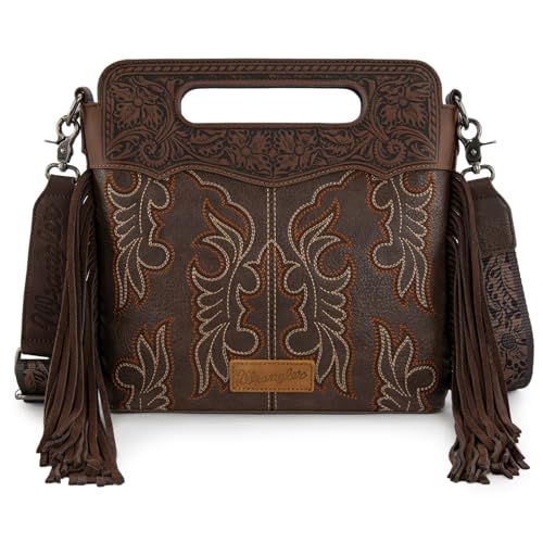 Image of Wrangler Western Handbag for Women Crossbody Bag Top Handle Shoulder Bag Embossed Cowgirl Fringe Purse