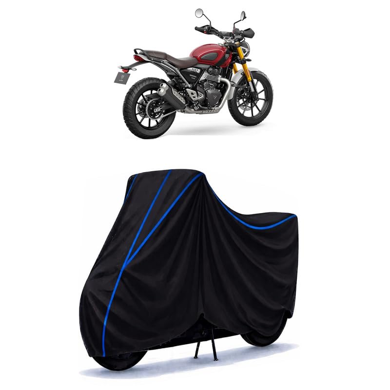 Image of Scrambler 400 Bike Cover Water Resistant Universal Motorcycle Rain | Heavy Duty UV Protection, Dust, Scratch Indoor Outdoor All Weather with Black Blue Piping Elastic