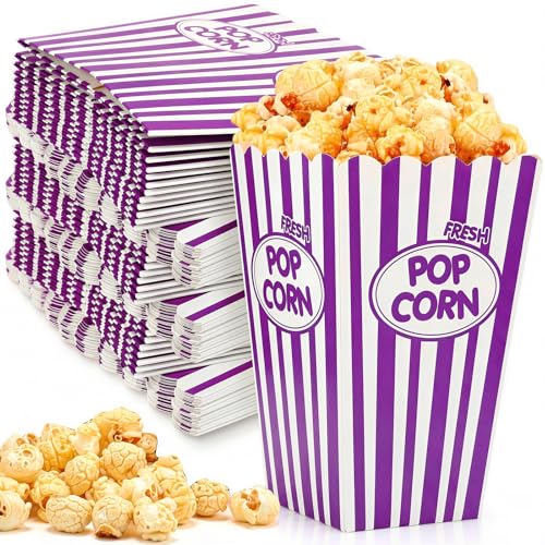 Image of Xinnun 100 Pcs Popcorn Boxes 32 oz Classic Stripe Paper Popcorn Buckets Bulk Disposable Oil Proof Container Vintage Retro Open Top Holders for Movie Night Supply Theater Carnival Party(Purple)