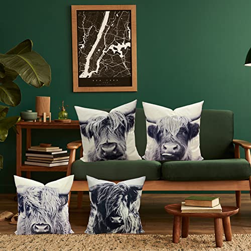 Ychz Highland Cow Throw Pillow Covers Set Of 4,Decorative Cow Print Pillow Covers 18X18,Western Decor,Square Cotton Linen Cow Cushion Case,Cow Decor Stuff For Couch Living Room Bed Sofa Chair #TOP2