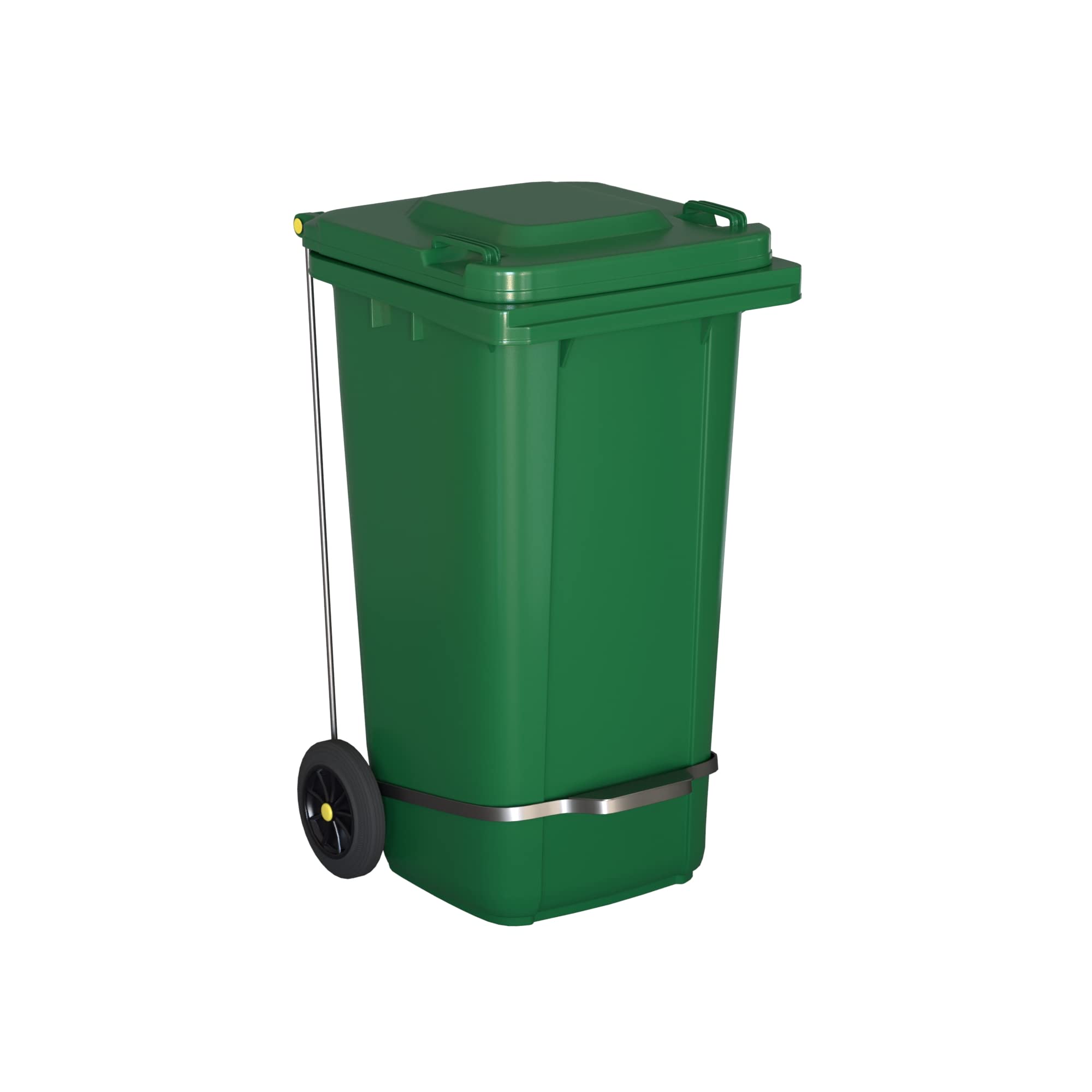 32 Gallon Green Wheeled Rectangular Outdoor Trash Can with Lid and Step-On Attachment, Hands-Free Disposal for Commercial Use