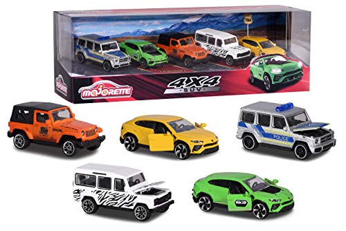 Majorette SUV 5er-Geschenkset, Spielzeugautos mit Freilauf aus Metall, Mercedes-AMG G 63 Police, Jeep Wrangler Safari, Lamborghini Urus & exklusiv Lamborghini grün und Land Rover Defender 110 Zebra
