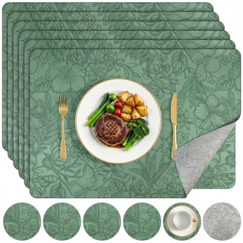 Image of Placemats and Coaster Sets 6, Dual-Sided Leather Floral Table Mats 30x43 cm, Leather Heat Resistant Non-Slip Washable, Two-Color Place Mats for Kitchen Dining Table Home Décor (Green Grey)