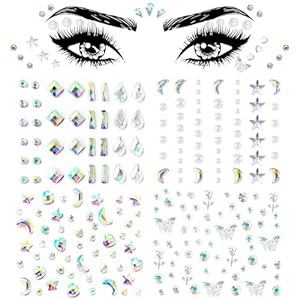 4 Sheets Face Eye Rhinestones Stickers Gems Jewels Rhinestones Self Adhesive Acrylic Pearls Hearts Star Crystal Face Stickers Makeup Tattoos Nail Stickers for Women Girls Halloween Christmas Festival