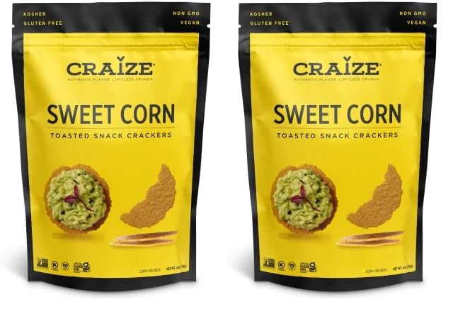 CraizeSweet Corn Crisps | Gluten Free, Vegan, Kosher, Toasted Corn Crackers | 4 oz each (Pack of 2)