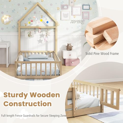 IFANNY Twin Floor Bed Frame, Wooden Montessori Bed with Fence, House-Shape Headboard and Detachable Clothes Rack, Low Twin Size House Bed for Kids, Boys, Girls (Natural)