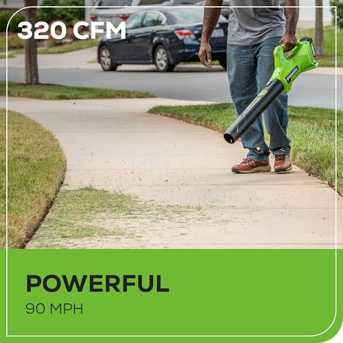 Image of Greenworks 24V (90 MPH / 320 CFM / 200+ Compatible Tools) Cordless Axial Leaf Blower, 2.0Ah Battery and Charger Included