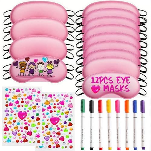 22 PCS Sleepover Party Supplies, 12 PCS Sleep Eye Masks Blindfold Slumber Eye Covering with 2 Sheets Self-Adhesive Heart Rhinestones Gems&8 PCS Fabric Marker Pens, Pink