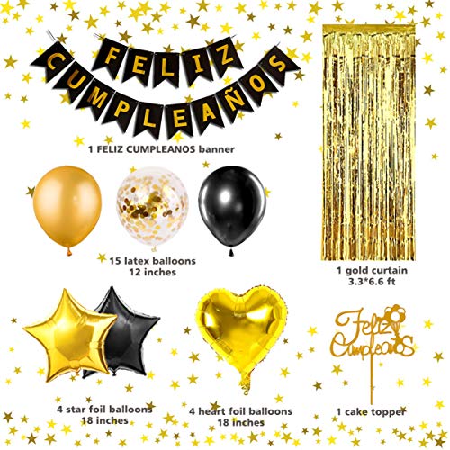 Kreatwow Spaanse verjaardagsdecoratie Zwart goud Feliz Cumpleaños Banner taart Topper Confetti ballonnen - Image 7