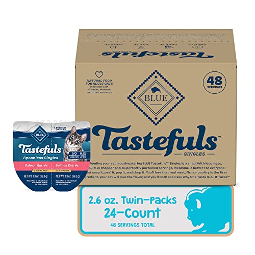 Image of Blue Buffalo Tastefuls Spoonless Singles Natural Wet Cat Food Pate, 2.6-oz Twin-Pack Trays, Salmon Entree (24 Count)