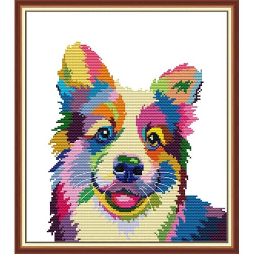 Image of JOYSEWING Dog Stamped Cross Stitch Kits for Adults 11CT Printed Embroidery kit for Beginners Needlepoint for Adults DIY Craft kit Home Decor- (Color Dog (Printed) 15.35 x17.32 inches)