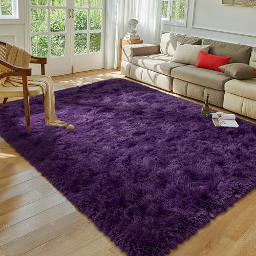 Softlife Dark Purple Area Rug for Living Room, Fluffy Shag Plush 5.3x7.6 Rugs for Bedroom Girls, Shaggy Soft Fuzzy Kids Large Carpet for Dorm Bedside Ultra Cozy Non-Slip Indoor Decor