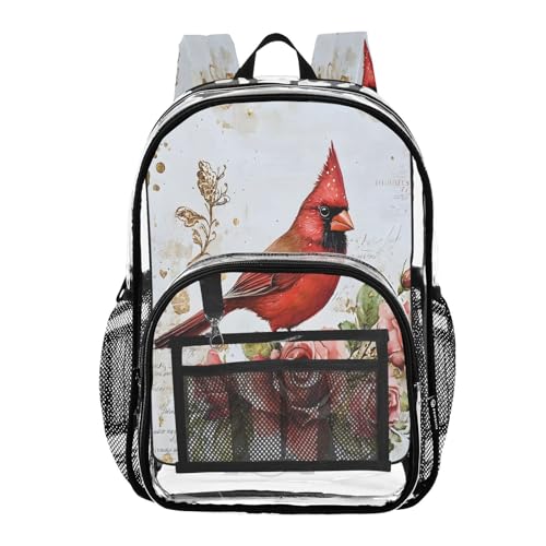 Beautiful Red Bird Rose Flower Clear Backpack Heavy Duty See Through Transparent PVC BookBag for Kids Boy Girl School Work