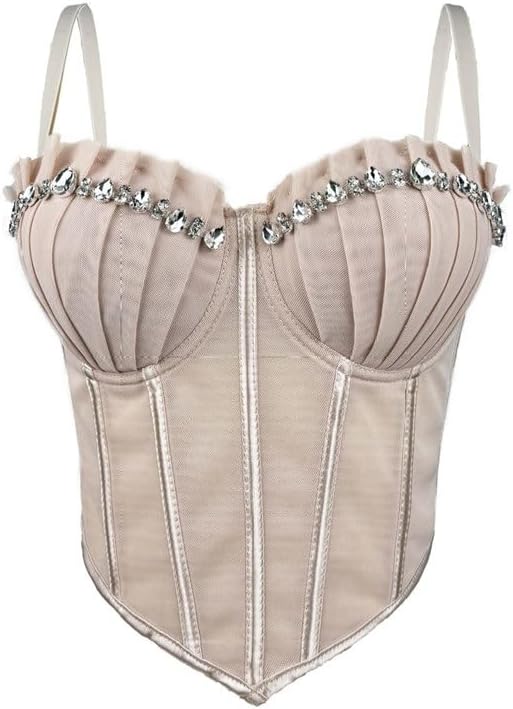 JSEIAJB Women's Rhinestone Pleated Small Camisole Fashionable Personality Outerwear Bra Street Shooting Tight Top